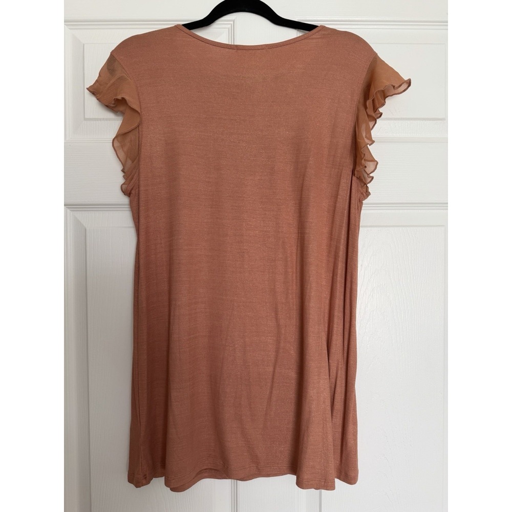 Kim & Cami Terracotta Flutter Sleeve Top Sheer Mesh Yoke Blouse Size Large - Picture 5 of 8